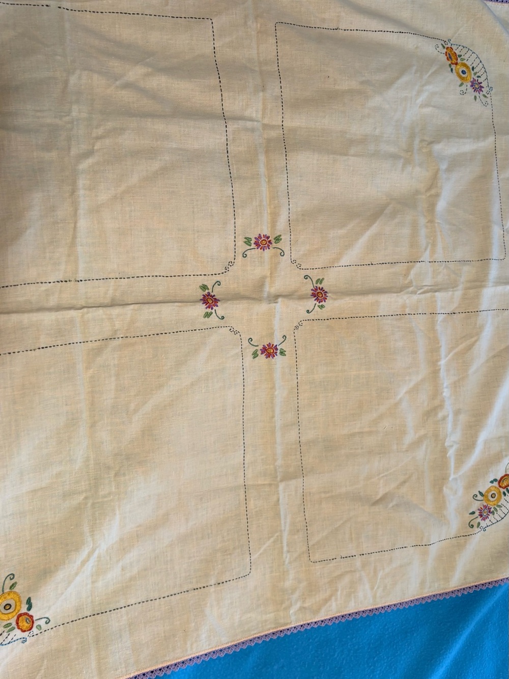 Embroidered Floral Cream Tablecloth - Hand-Stitched Accent